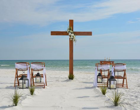 #beachwedding #wedding #cross #jesus #beach Beach Wedding Cross Altar, Beach Wedding Alter Simple, Christian Beach Wedding, Small Beach Wedding, Small Beach Weddings, Wedding Bible, Beach Wedding Shoes, Wedding Alters, March Wedding