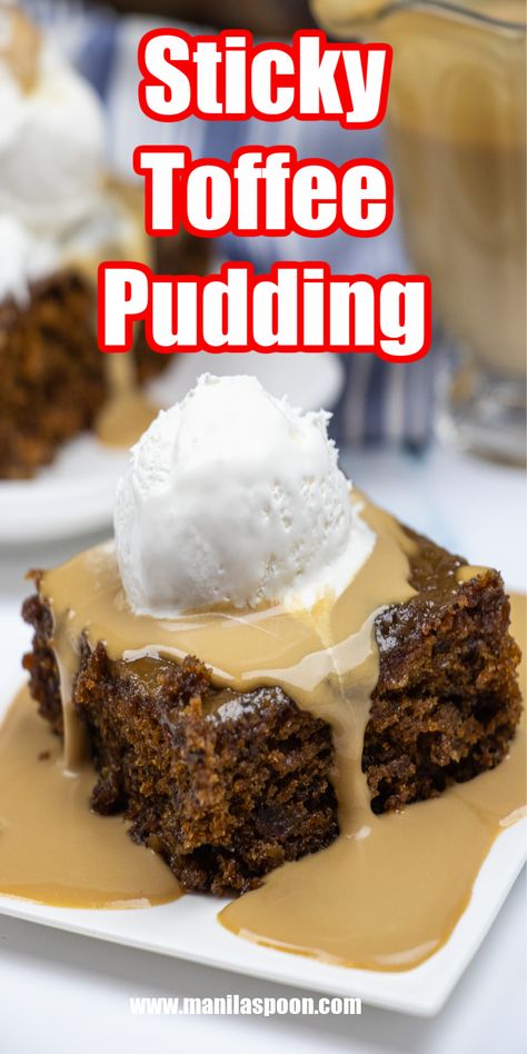 Rich, buttery and delightfully scrumptious, this sticky toffee pudding cake is one sweet treat you'll make over and over again! Easy, tried and tested recipe for perfect results every time! Sticky Toffee Pudding Cake, Tart Pastry, English Desserts, Sticky Date Pudding, Date Pudding, Homemade Toffee, Coconut Dessert, Toffee Sauce, Caramel Toffee