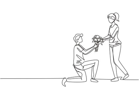 Proposal Drawing, Jewelry Art Ideas, Getting Ready For Wedding, Drawing Man, Giving Flowers, Continuous Line Drawing, One Line Drawing, Cover Art Design, Marriage Proposal