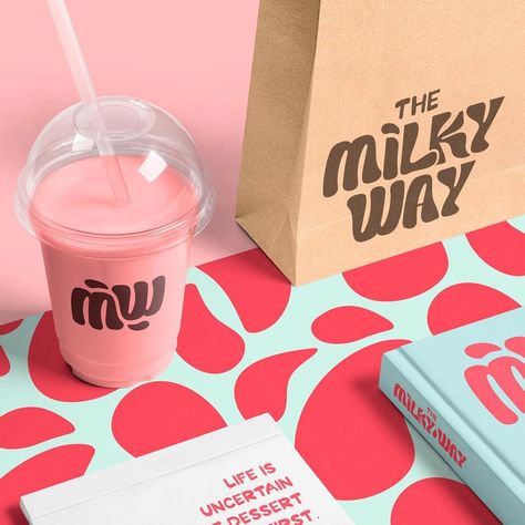 Milkshake Branding Design, Cheesecake Graphic Design, Milkshake Shop Interior Design, Pink Logo Ideas, Milkshake Branding, Dessert Logo Design Ideas, Pink Brand Identity, Milkshake Packaging, Dessert Branding