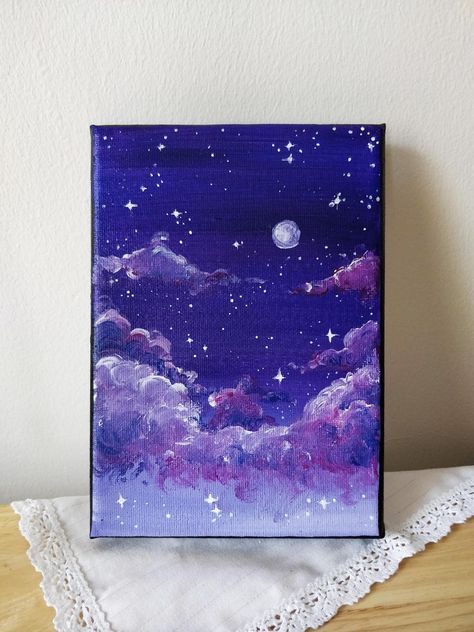 Blue And Purple Painting Ideas, Purple Painting Ideas On Canvas, Painting Ideas Purple, Purple Painting Ideas, Purple Sky Painting, Space Painting Acrylic, Purple Starry Night, Starry Night Original, Purple Drawing