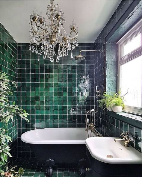 Dark Green Tiled Bathrooms, Dark Tiled Bathrooms, Dark Green Shower Tile, Moody Bathroom, Dark Bathroom Ideas, Green Tile Bathroom, Green Bathroom Decor, Dark Bathrooms, Retro Bathrooms