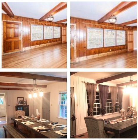 painted knotty pine walls before and after - Google Search Painted Knotty Pine Walls, Farmhouse Curtains Kitchen, Wood Paneling Living Room, Wood Paneling Makeover, Knotty Pine Walls, Paneling Makeover, Painting Wood Paneling, Painted Wood Walls, Pine Walls