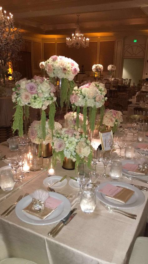 High low centerpieces for a wedding we recently designed and coordinated on! Blush pinks, whites, light green And gold accents. IG: TresMagNora FB:Très Magnifique Productions Pink Green And Gold Quince, Sage Green Quince Table, Pink And Sage Green Sweet 16, Princess And The Frog Centerpiece Quince, Light Green Quince Decorations, Light Green Decorations Party, Sage Green And Pink Quinceanera Theme Decor, Sage Green And Light Pink Quinceanera, Sage Green And Blush Pink Quinceanera Theme Decor