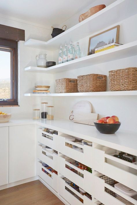 Laundry Room Ideas Farmhouse, Shelves Laundry Room, Scullery Ideas, Room Ideas Farmhouse, Small Laundry Room Ideas, Semi Custom Cabinets, Farmhouse Laundry, Laundry Room Ideas, Laundry Room Shelves