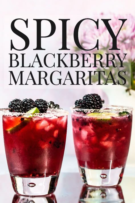 This Spicy Blackberry Margarita recipe is so easy and delicious!  Blackberries make it so fruity and a slice or two of jalapeño pepper gives it just the right amount of spicy heat!  Perfect for Cinco de Mayo or anytime you want a refreshing cocktail! Spicy Margarita Signature Drink, Blackberry Liqueur Recipes Cocktails, Blackberry Jalapeno Margarita, Blackberries Recipes, Spicy Blackberry Margarita, Margarita Pitcher Recipe, Blackberry Margarita Recipe, Pitcher Margarita Recipe, Blackberry Margarita