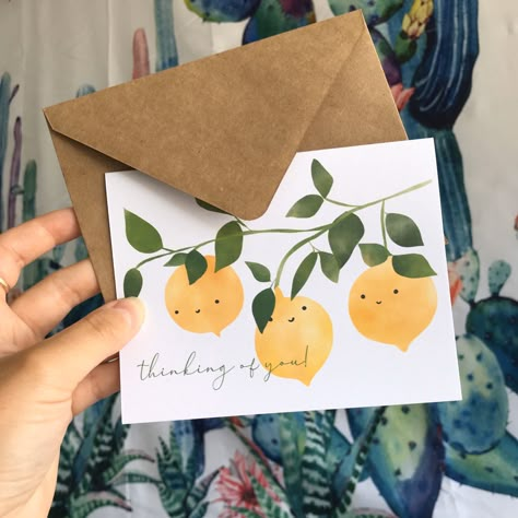 Thinking of You Greeting Card 5 Pack for $15. Cheer up some friends!  #lemondesign #design #summerartwork #greetingcards #greetingcard #citrus #happy #yellow #ecofriendlybusiness #FSC #kraftpaper #Kraftenvelopes #cutefaces #etsy #etsyshop #etsyfinds Bday Cards, Summer Cards, Paint Cards, Cat Air, Card Drawing, Watercolor Cards, Folded Cards, Cute Cards, Diy Cards