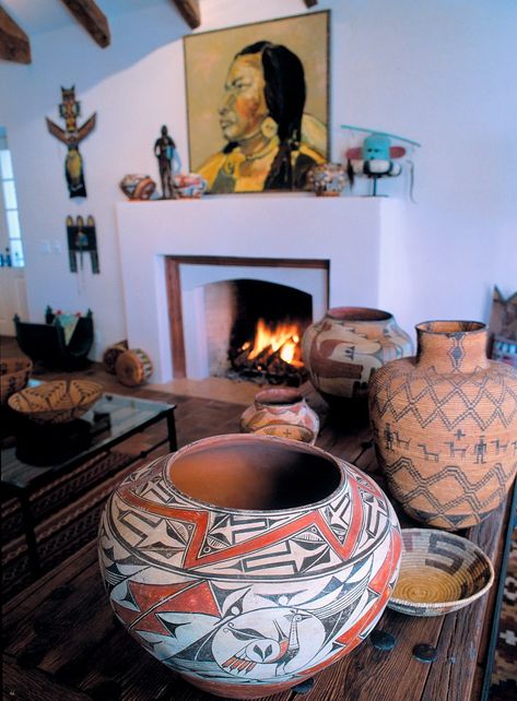 Santa Fe                                                                                                                                                                                 More Santa Fe Room Decor, Native Inspired Living Room, Navajo Style Living Room, Santa Fe Decor Living Rooms, South Western Boho Decor, Native American Living Room Ideas, Santa Fe Style Furniture, Native Decor Ideas, Navajo Home Decor