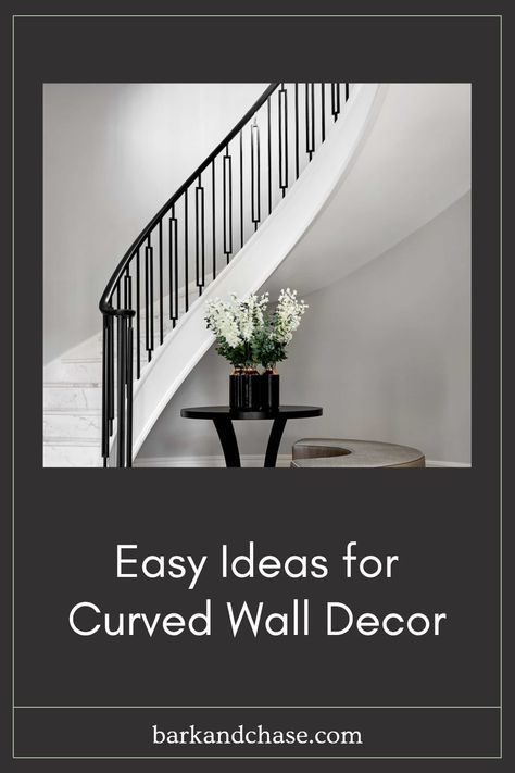 Discover creative and easy ideas for curved wall decor in your home entryway. This pin highlights unique styling tips and trends using only one image to inspire your decorating journey. Decor For Curved Wall, Curved Staircase Wall Decor, Curved Wall Decor Ideas, Curved Wall Decor, Gallery Wall Staircase, Foyer Furniture, Staircase Wall Decor, Curved Wall, Staircase Wall