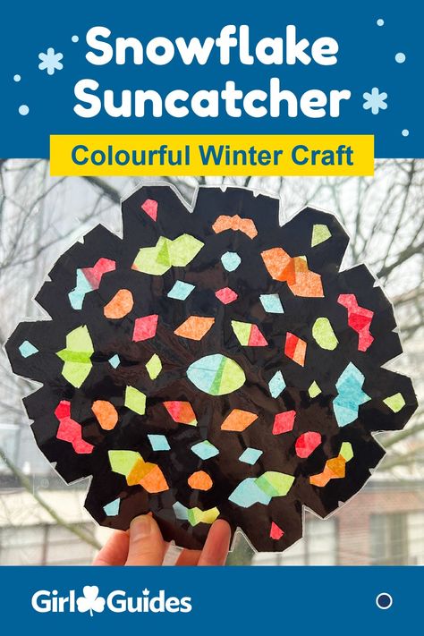 Snowflake Suncatcher Craft For Kids, Snowflake Suncatcher, Suncatcher Craft, Winter Craft, Art Lessons For Kids, Activity Ideas, Crafts For Girls, Cut Paper, Girl Guides