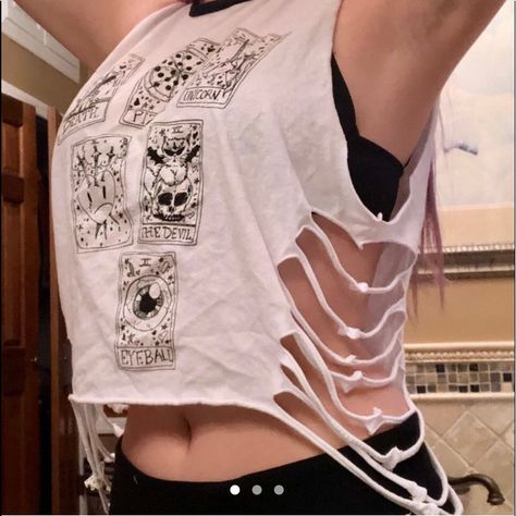 Sexy Iron Fist White Crop Top With The Sides Cut And Sparkly Tarot Card Art On The Front. Almost Never Worn, Size Small. Tarot Card Have Sparkly Glitter On Them Esoteric Clothes, Alt Crop Top, Sewer Tunnel, Shirt Upcycle Diy, Punk Crop Top, Biker Clothes, Cut T Shirts, Beachy Clothes, Distressed Crop Top