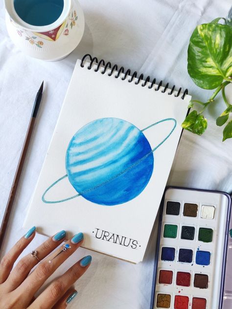 Simple Planet Painting, Planet Watercolor Painting, Uranus Drawing, Uranus Painting, Vbs Space, Uranus Planet, Mercury Planet, Solar System For Kids, Blue Skye