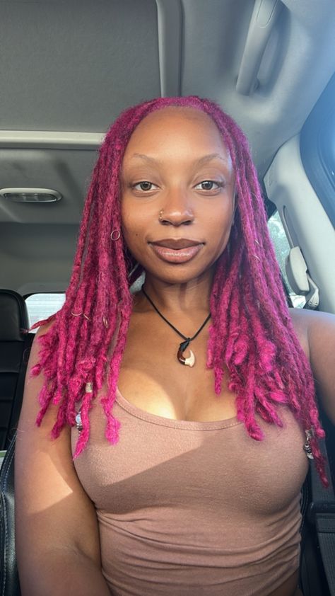 Pink Natural Locs, Raspberry Twist Hair Color, Fuschia Locs, Pink Sisterlocks, Magenta Locs Black Women, Dyed Hair Inspiration Locs, Pink And Blue Locs, Dark Pink Locs, Pink Dreads Black Women