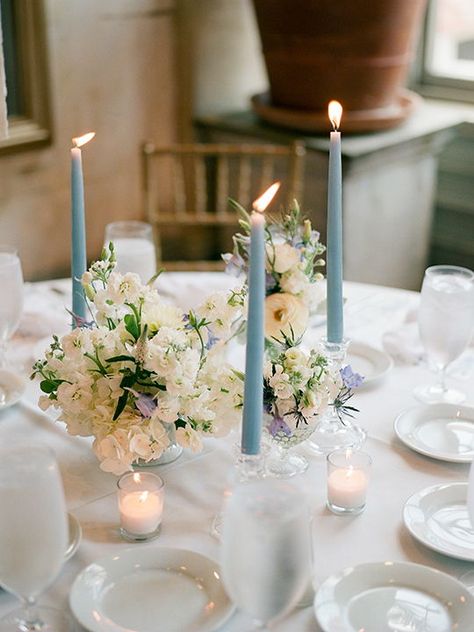 Garibaldi Cafe Wedding | Design Studio South | Savannah Wedding Photographer | Shannon Griffin #southernwedding  #film #filmweddingphotographer #fineartweddingphotographer #savannahweddingphotographer #shannongriffin #savannah #weddingdecor #garibaldicafe #monogrammednapkins #weddinglinens #designstudiosouth #katofloraldesigns #dotellcalligraphy Dusty Blue Candles Wedding, Greenery And Blue Wedding, Light Blue White And Greenery Wedding, Wedding Blue Flowers Decoration, Wedding Decorations White And Blue, Light Blue And Greenery Wedding, Blue Candle Sticks Wedding, Long Hall Table, Dusty Blue Table Decorations