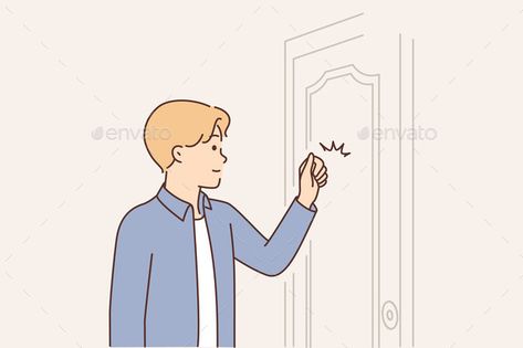 Young Man Knocks on Door When Comes to Visit Knock The Door Cartoon, Knocking On Door Drawing Reference, Postures Drawing, Knocking On Door, Knock Door, Dino Cartoon, Posture Drawing, تزيين دفاتر, Cool Cartoon Drawings