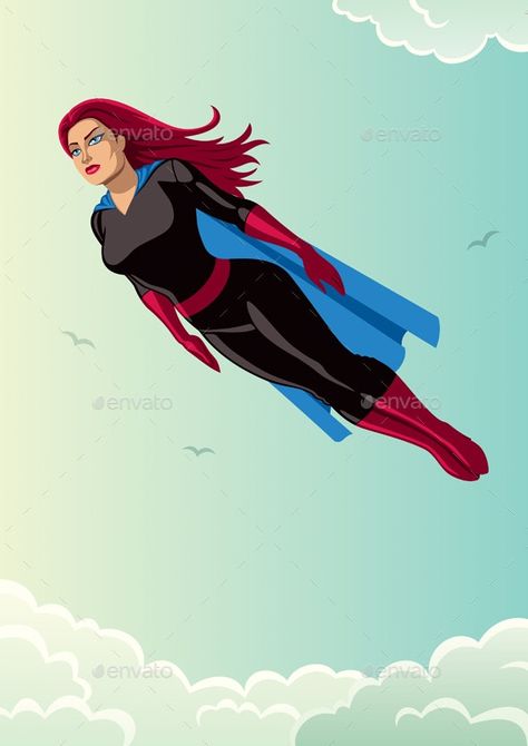 Super Hero Flying, 5d Reality, Flying People, League Of Heroes, Flying In The Sky, Face In Hole, Laughing Cow, Female Superhero, Flat Design Illustration