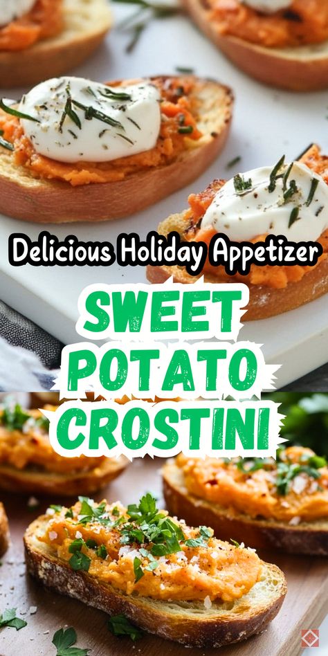 Add a touch of elegance to your holiday table with these sweet potato crostini! Topped with savory or sweet ingredients, they’re a versatile appetizer that’s both light and satisfying. Save this pin for a holiday starter that’s as beautiful as it is tasty! Mashed Potato Appetizer, Sweet Potato Crostini, Appetizer Crostini, Appetizer Sweet, Potato Appetizer, Veggie Appetizers, Crostini Recipe, Heavy Appetizers, Potato Appetizers