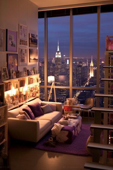 Bedroom with a spectacular skyline view. New York Apartment Bookshelf, New York Aesthetic Room Decor, Cozy New York Apartment Bedroom, Cheap New York Apartment, New York Themed Bedroom, New York Style Bedroom, New York Bedroom Ideas, Cozy New York Apartment, New York Room