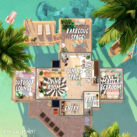 Michaela Sims | Sims 4 Builder ✨🇨🇿 on Instagram: "The floor plan of my Mermaid’s Beach Home 🧜🏼‍♀️ I really had a lot of fun playing with a very colorful color scheme in here! I don't do it very often, but I really enjoyed it! 🩵 Sulani 🩵 30x20 🩵 $43,464 🩵 Origin ID: michaelasimsyt 🩵 Speed build on my YT channel, link in bio ✦ EP: Growing Together, High School Years, Cottage Living, Snowy Escape, Eco Lifestyle, Discover University, Island Living, Seasons, Cats and Dogs, Get Together ✦ GP: Sims 4 Beach House Floor Plans, Small Beach House Floor Plans, Sims 4 Island Living House, Sulani Homes Sims 4, Island House Plans, Sims 4 Beach House, Beach Floor Plans, Snowy Escape, Sims 4 Cottage