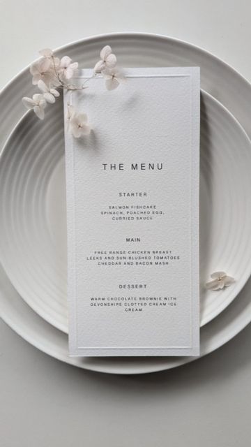 Jen Yates - My Type on Paper on Instagram: "Another day, another embossed border! How we love the minimalist look 😍🤍  You can catch our menus from our Noah Collection on our website.   #menu #weddingmenu #weddingbreakfast #weddingday #weddingstationery #onthedaystationery" Wedding Menu Design, Wedding Menus Design, Website Menu, Free Range Chickens, Warm Chocolate, Clotted Cream, My Type, Curry Sauce, Artistic Wedding