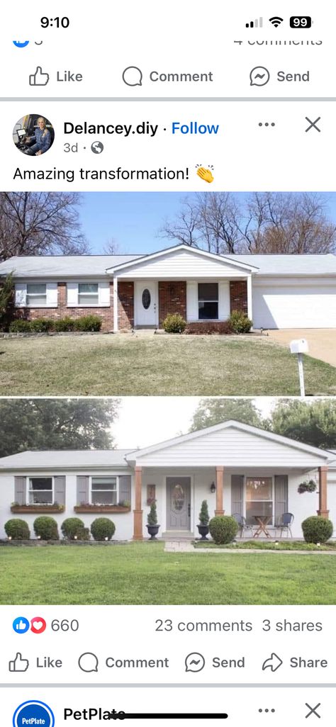 70s Brick House Makeover, 1960s Ranch House Remodel, Brick House Exterior Makeover, Brick Ranch Houses, Painted Brick Exteriors, Ranch House Remodel, Ranch House Exterior, Painted Brick House, 70s House