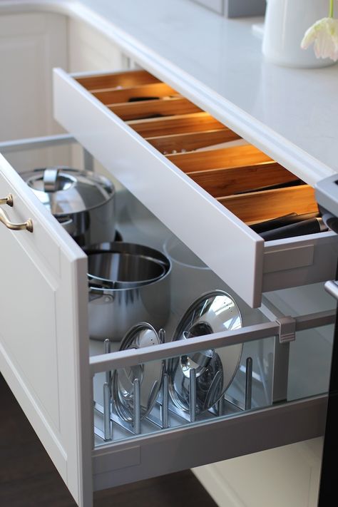 Jillian Harris Ikea Sektion Kitchen - Pots, Pans, Lids, and Cooking Utensil Storage Ikea Sektion Kitchen, Ikea Kitchen Drawers, Cooking Utensil Storage, Ikea Kitchen Organization, Ikea Sektion, Sektion Kitchen, Ikea Drawers, Kitchen Ikea, Ikea Kitchen Cabinets