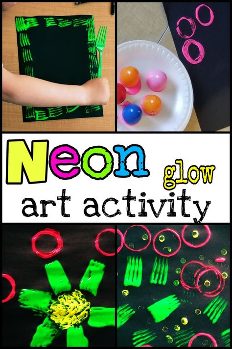 It glows!  It glows!  The colours are so vibrant for this neon art activity for young kids.  It is a great sensory activity not only because of the neon colours, but also because of the unique art tools we used.    Click for details and ideas! Glow In The Dark Activities For Preschool, Neon Preschool Activities, Glow Activities For Classroom, Neon Art Projects For Kids, Black Light Art Projects For Kids, Dark Crafts, Glow Painting, Library Storytime, Vbs Craft