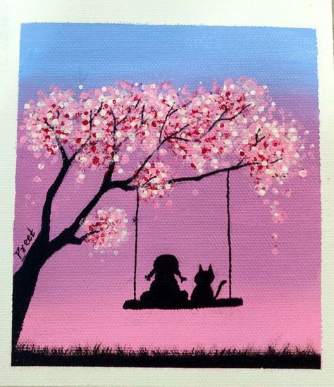 Painting Ideas Blossom Tree, Painting Ideas On Canvas Cherry Blossoms, Cherry Tree Painting Easy, Easy Sakura Painting, Acrylic Painting Ideas Cat, Sakura Tree Drawing Easy, Painting Ideas On Canvas Japanese, Japanese Cherry Blossom Painting Easy, Cherry Blossom Drawing Easy