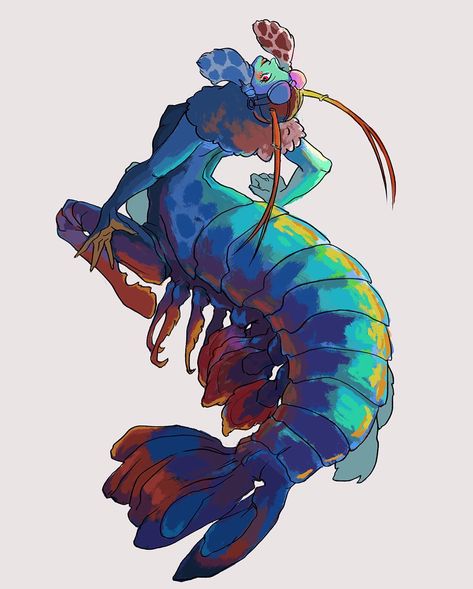 Mantis Shrimp Mermaid🍬⠀ ⠀ -Day 25 of Mermay-⠀ There she is! One of the most colorful creature on Earth! ⠀ ⠀ I’ve been wanting to draw mantis shrimp since day one, but the their anatomy was a bit difficult so I started with the others!⠀ ⠀ I gave her a pilot hat because I though the shrimp eyes look like goggles! I also find theres interesting contrast between their feather-like legs and their scales. Guess nature is always the best fashion designer! ✨✨⠀ ⠀ Swipe for drawing process and creature r Shrimp Mermaid, Pilot Hat, Mantis Shrimp, Aquatic Creatures, Humanoid Creatures, Alien Character, Bug Art, Drawing Process, Creature Concept Art