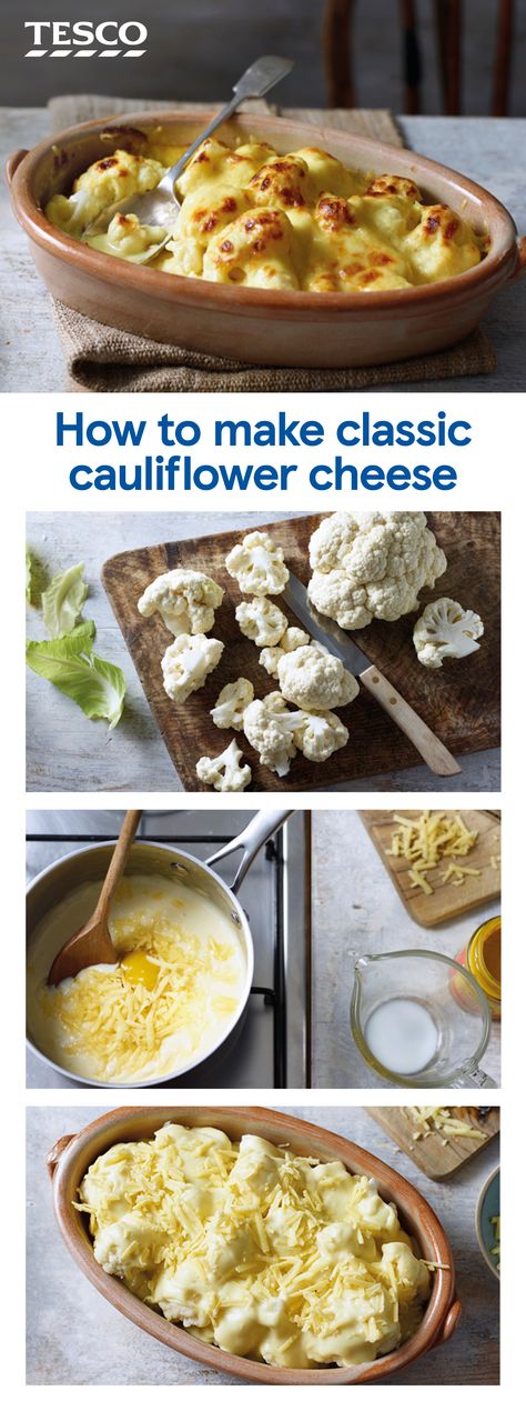 Master classic cauliflower cheese with this easy-to-follow recipe that will make sure you get perfect results every time - tender cauliflower, smooth sauce and cheesy topping, the perfect veggie comfort food or side for your Sunday roast. | Tesco Southern Comfort Food Dinners, Cheese Cauliflower, How To Make Cauliflower, Recipe List, Cauliflower Cheese, Comfort Food Southern, Comfort Food Recipes Dinners, Comfort Food Recipes, Gateaux Cake