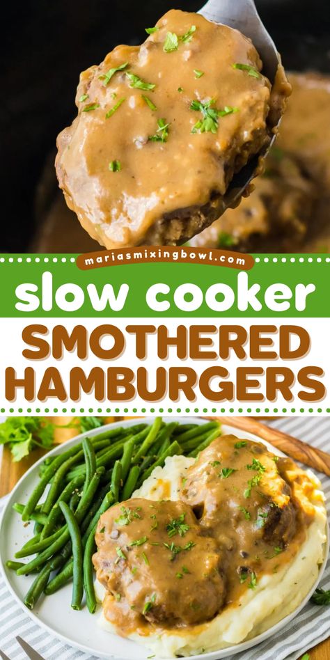 This crockpot burger recipe is a must-try main course idea! It's a family-friendly dinner with ground beef patties. Served in a rich onion gravy, these Slow Cooker Smothered Hamburger are so good! Easy Crockpot Meals With Hamburger, Hamburger Steak Recipes Crockpot, Crockpot Recipes Using Hamburger, Crockpot Recipes With Burger, Crockpot Recipe With Hamburger Meat, Crockpot Meals Hamburger, Hamburger Steak In Crockpot, Easy Crockpot Hamburger Recipes, Hamburger Steak Crockpot