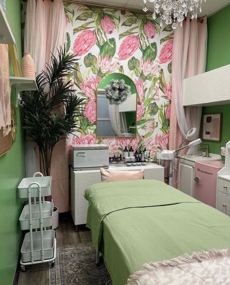 Green And Pink Lash Room, Esthetician Room Decor Pink, Pink And Green Spa Room, Eclectic Esthetician Room, Pink And Green Esthetician Room, Small Tattoo Room Ideas, Small Waxing Room Ideas, Colorful Esthetician Room, Green Lash Room