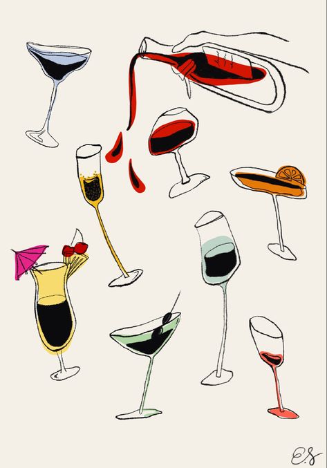 Illustration of cocktail drinks with colourful splotches Dinner Party Drawing Illustration, Wine Bottle Doodle, Drink Art Illustration, Alcohol Illustration, Drinks Illustration, Wine Glass Illustration, Wine Illustration, Goals And Aspirations, Drink Illustration