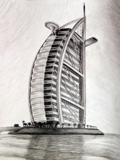 Burj Al Arab Sketch, Monuments Sketches, Burj Al Arab Drawing, Building Sketches Architecture, Drawing Buildings Sketch, Monuments Drawing, Arab Drawing, Architecture Drawing Art Buildings, Hotel Sketch