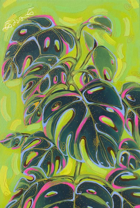 Monstera Plant II Cropped Print Colorful Plant Painting, Paintings Of Plants Art, Plant Art Inspiration, Pop Art Plants, Plant Painting Aesthetic, Plant Aesthetic Painting, Plant Art Aesthetic, Monstera Painting Acrylic, Plant Drawing Aesthetic