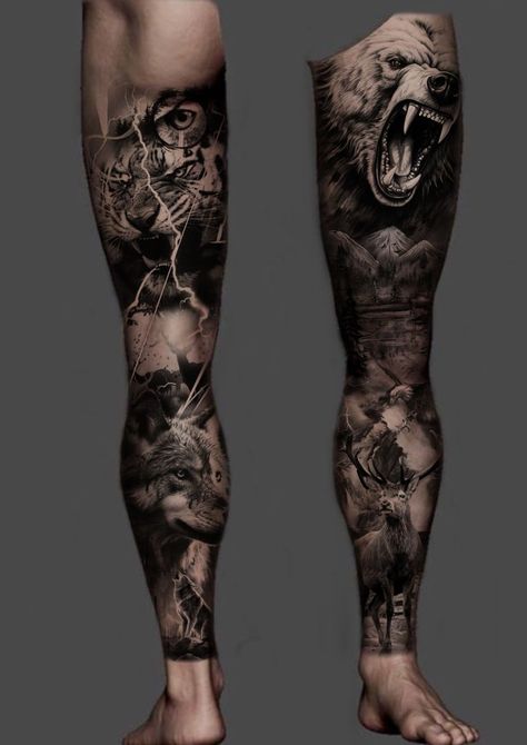 Roman Leg Sleeve Tattoo, Viking Leg Sleeve Tattoo Men, Viking Leg Tattoo Men, Full Leg Sleeve Tattoo Male, Leg Sleeve Tattoo Male Design, Full Leg Tattoo Men, Tattooing Inks, Thigh Tattoo Men, Animal Tattoos For Men