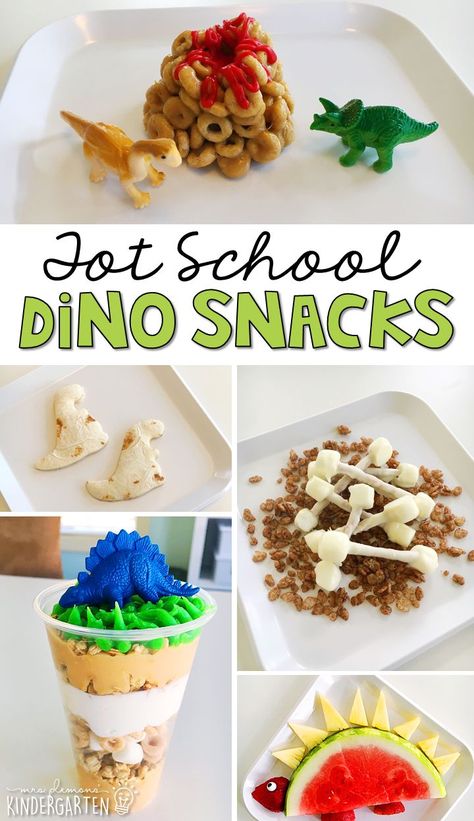 These yummy snacks are perfect for a dinosaur theme in tot school, preschool, or kindergarten! Dino Snacks, Dinosaurs Kindergarten, Dinosaur Snacks, Dinosaur Week, Dinosaur Crafts Preschool, Dinosaur Theme Preschool, Dinosaur Food, Dinosaur Activities Preschool, Theme Snack