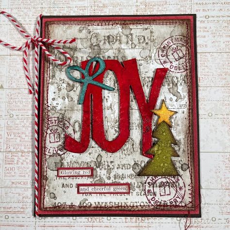 Susanne's blogg: Joy card Tim Holtz Joy Noel, Christmas Papercrafts, Noel Christmas Cards, Joy Christmas Card, Xmas Theme, Tim Holtz Cards, Joy Cards, Christmas Card Inspiration, Tim Holtz Sizzix