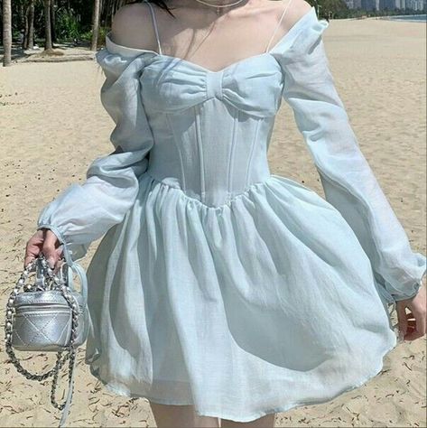 Pastel Homecoming Dresses, Light Blue Casual Dress, Blue Dresss, Aesthetic Light Blue, Pastel Blue Dress, Fairycore Outfit, Blue Dress Outfits, Dress Elegant Short, School Pants