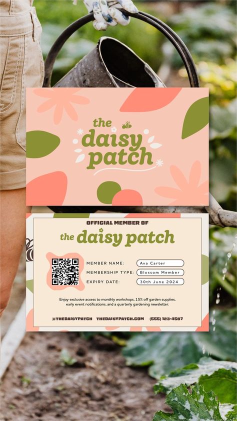 A fun, quirky and bold logo and membership card design for The Daisy Patch - a gardening club. Modern branding design, playful branding inspo, elevated branding inspo, boho branding inspo, colorful branding design, custom illustration inspo, brand design, logo design, branding inspo, branding design, graphic design, logo inspo, logo design, garden branding, floral drawings, flower illustrations, display font inspo, green brands, eco brands, organic brand inspo, natural branding Membership Card Design, Garden Branding, Playful Branding, Gardening Club, Floral Drawings, Modern Branding Design, Daisy Patches, Colorful Branding, Boho Branding