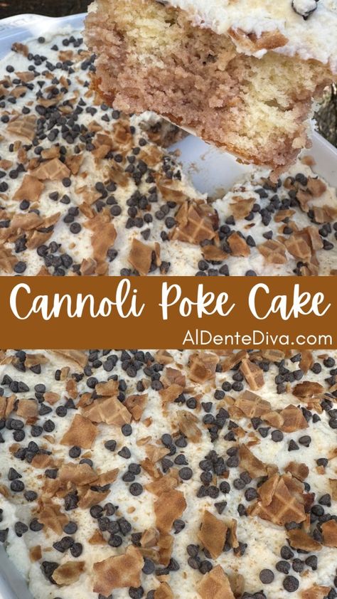 CANNOLI POKE CAKE Cannoli Bundt Cake, Polk Cake, Coconut Cream Poke Cake, Cannoli Poke Cake, Cream Poke Cake, Whip Frosting, Cool Whip Frosting, Italian Desserts Traditional, Cannoli Cake