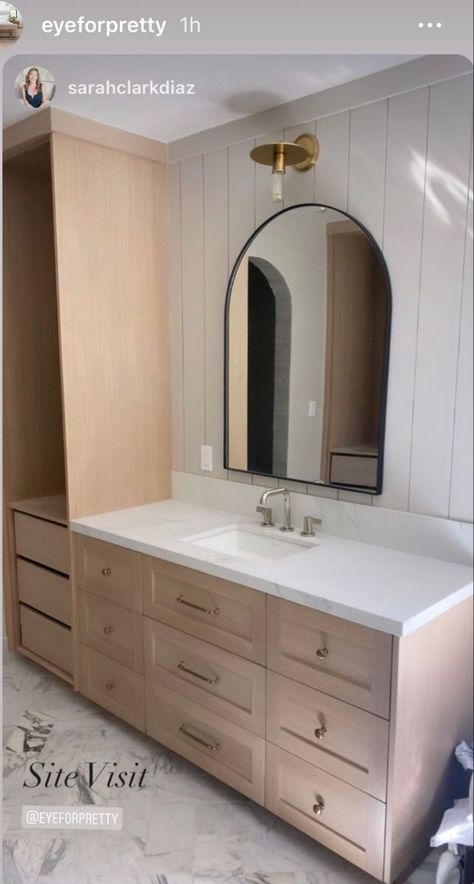 Bathroom Vanities On Opposite Walls, Master Vanity Single Sink, Vanity With Tower On Side, Guest Bathroom Ideas Traditional, White Oak Cabinets In Bathroom, Neutral Bathroom Cabinets, Two Seperate Bathroom Vanities, Long Bathroom Vanity One Sink Master Bath, Bathroom Vanity With Upper Cabinets