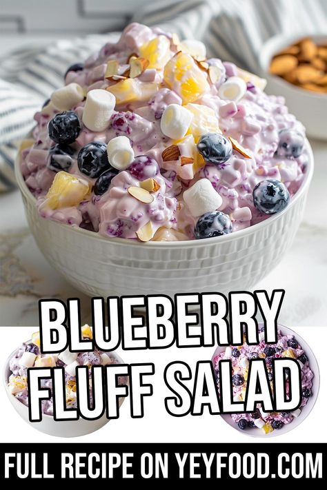 Blueberry Fluff Salad - Yeyfood.com: Recipes, cooking tips, and kitchen hacks for home cooks of all levels Fluff Side Dishes, Blueberry Cloud Jello Salad, Lemon Blueberry Fluff Salad, Cookie Salad Recipe, Blueberry Fluff Salad, Blueberry Fruit Salad, Blueberry Jello Salad Crushed Pineapple, Blueberry Fluff, Marshmellow Fruit Fluff Salad