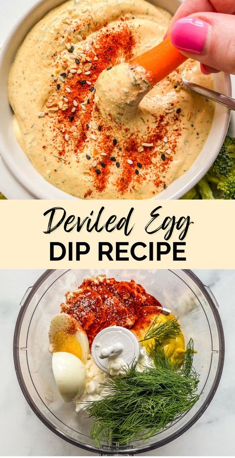 This delicious deviled egg dip is made with cottage cheese, a hardboiled egg, dill, mustard, and plenty of spices! It's a fantastic, savory dip recipe that everyone will love Cottage Cheese Everything Bagel Dip, Hard Boiled Eggs Recipe Ideas, Deviled Eggs Dip, Hardboiled Egg Recipe, Deviled Egg Dip Recipe, Cookout Snacks, Lox Dip, Cottage Cheese Dressing, Cottage Cheese Sauce