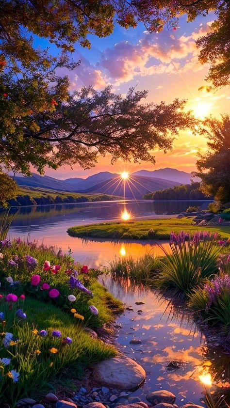 Beautiful Nature Pictures Drawing, Sunrise Aesthetic Drawing, Beautiful Flowers Pictures Photography, Nature Pictures Drawing, Pic Of Sunset, Pretty Landscape Pictures, Beautiful Sunset Nature, Flowers Scenery, Beautiful Sunset Pictures