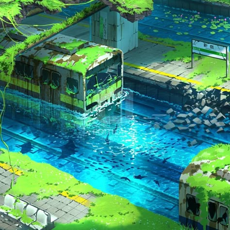 Hydropunk Aesthetic, Under Water Art, World Concept Art, Shinjuku Station, World Ideas, World Drawing, World Inspiration, Water City, Sunken City