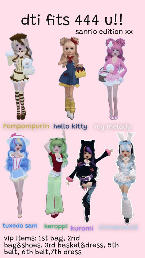 yall sry i couldnt fit everyone in but if yall want another with some of the side characters i will!! 🎀💓 Vip Dress, Hello Kitty Clothes, Combo Dress, Hello Kitty My Melody, Not Mine, Dress To Impress, Hello Kitty, Funny Memes, Kitty