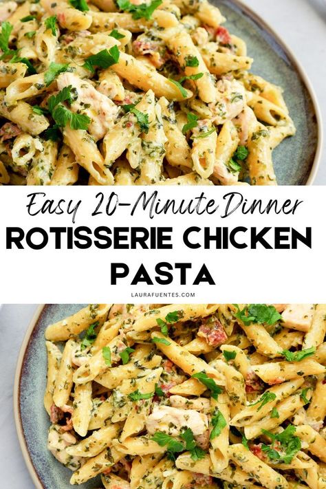 easy rotisserie chicken pasta recipe Rotisserie Chicken Recipes Leftover Pasta, Rotisserie Chicken Pasta, Rotisserie Chicken Recipes Healthy, Chicken Leftovers, Garlic Pasta Recipe, Rotisserie Chicken Recipes Leftover, Pasta With Garlic, Chicken Pasta Dishes, Creamy Pasta Recipes