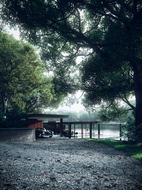 Bruce Wayne House, Villa Images, Huge Mansions, Farnsworth House, Sims Ideas, Modern Landscape, Van Der Rohe, Mies Van Der Rohe, Forest House