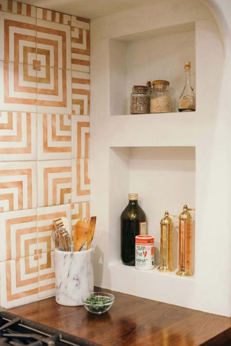 Remodelista Kitchen, Terracotta Backsplash, Kitchen Niche, Wall Nook, Spice Shelf, Wall Niche, Tile Wall, Terracotta Tiles, Small Wall